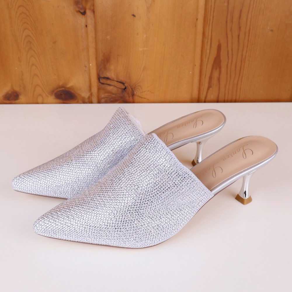 Lauren Lorraine Silver Rhinestone Crystal Pointed Toe Mule Kitten Heels Size 9